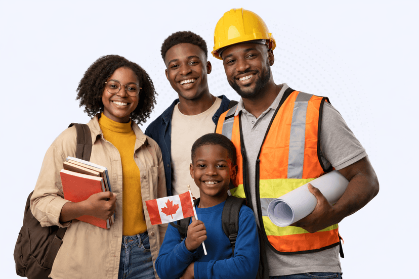 Une famille et des travailleurs souriants, prêts pour leur projet au Canada